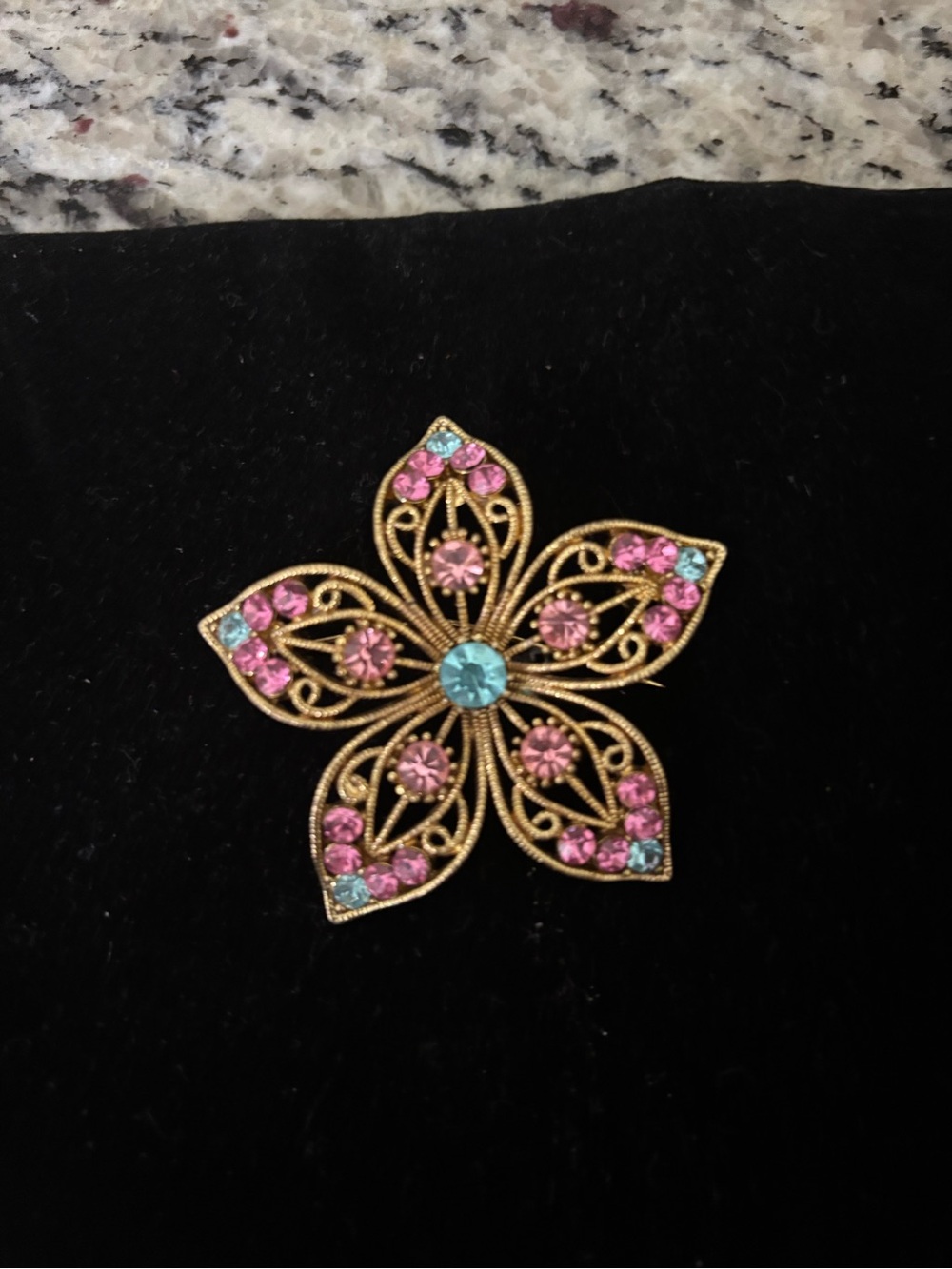 Gold-Tone Floral Brooch with Pink and Aqua Crystals